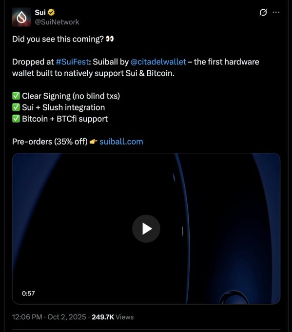 A screenshot of a tweet from @SuiNetwork (Sui, $SUI) announcing "Suiball by @citadelwallet," billed as the first hardware wallet to natively support Sui & Bitcoin, featuring clear signing, Sui + Slush integration, and Bitcoin + BTCfi support, with pre-orders open at suiball.com (35% off). The post references this product among others (@Suiplay, @PLAYTR0N, @suiballO) promoted at Singapore Basecamp, suggesting the network keeps launching products without providing updates to buyers who already paid.