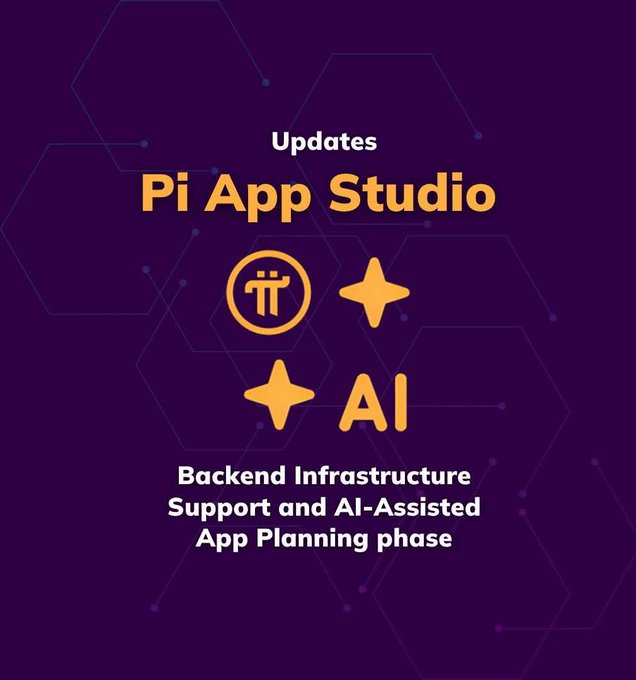 A purple promotional graphic announcing 'Updates: Pi App Studio' featuring the Pi cryptocurrency logo and text about 'Backend Infrastructure, Support and AI-Assisted App Planning phase'.