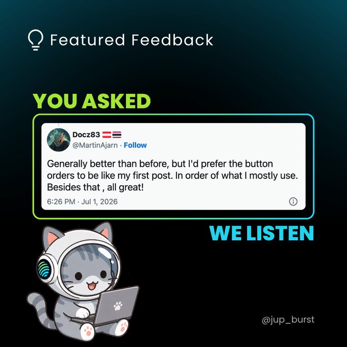 Promotional graphic titled 'Featured Feedback' showing a tweet from Docz83 (@MartinAjarn) with 'YOU ASKED' and 'WE LISTEN' labels, featuring a cartoon cat mascot with headphones and a laptop, credited to @jup_burst.