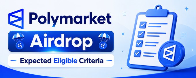The image features a poster for Polymarket Airdrop that includes a list of criteria for expected eligibility. The poster has a blue background with white text, and there are two blue umbrellas placed next to each other at the top left corner. The main focus is on the criteria listed below the umbrella images.