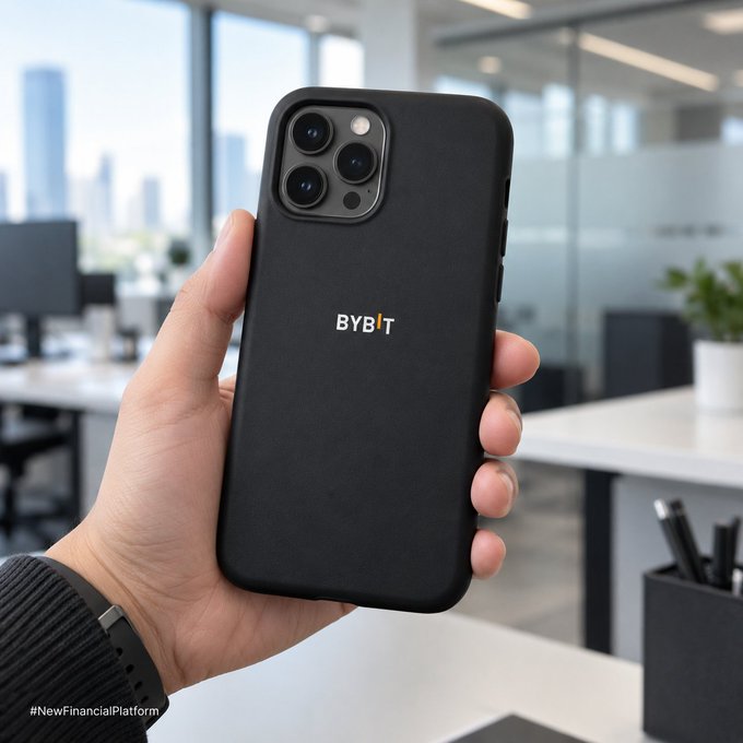 A hand holding a black iPhone with a 'BYBIT' branded phone case in a modern office setting, tagged '#NewFinancialPlatform'.