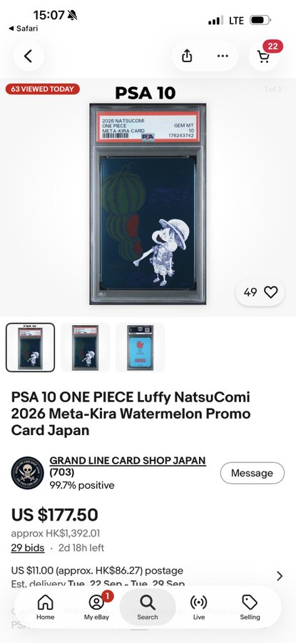 An eBay listing screenshot for a PSA 10 ONE PIECE Luffy NatsuComi 2026 Meta-Kira Watermelon Promo Card Japan, priced at US$177.50 with 29 bids.