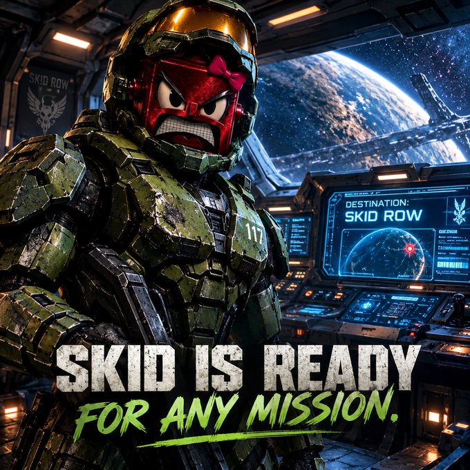 A digital artwork featuring a character resembling Anger from Inside Out wearing green Master Chief-style armor (numbered 117) and a pink bow, with text reading 'SKID IS READY FOR ANY MISSION' and a destination screen showing 'SKID ROW'.