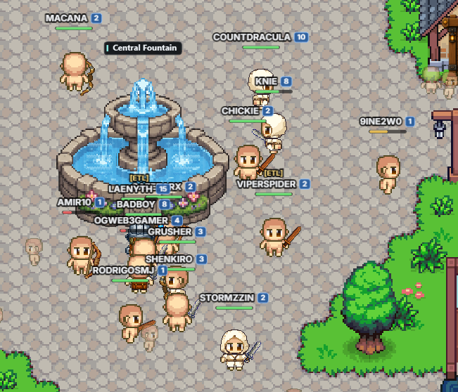 A pixel-art multiplayer online game scene in a town square, with numerous player characters gathered around a 'Central Fountain'. Player names like MACANA, COUNTDRACULA, KNIE, CHICKIE, and VIPERSPIDER are visible above the characters.