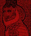 A dark, stylized illustration rendered in deep red and black tones, depicting a creature or face with angular features and a textured, pixelated or woven appearance.