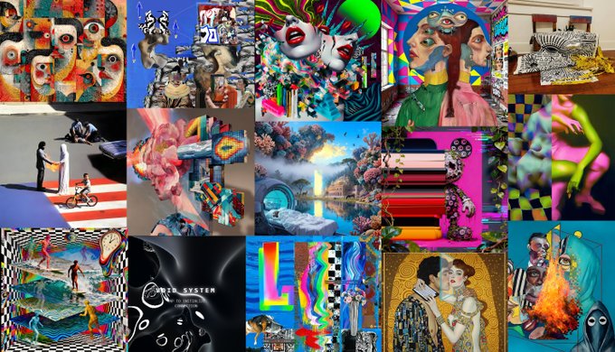 A collage of approximately 15 colorful, surreal digital artworks featuring various characters, abstract scenes, faces, and imagery including a Klimt-style painting and checkered patterns.