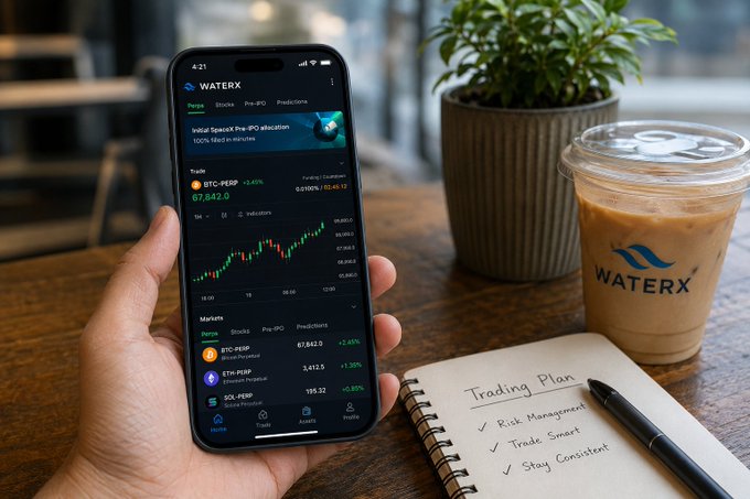 A person's hand holding a phone displaying the 'WATERX' trading app with a candlestick chart, sitting next to a cup with the 'WATERX' logo, a potted plant, and a notebook with a 'Trading Plan' checklist.