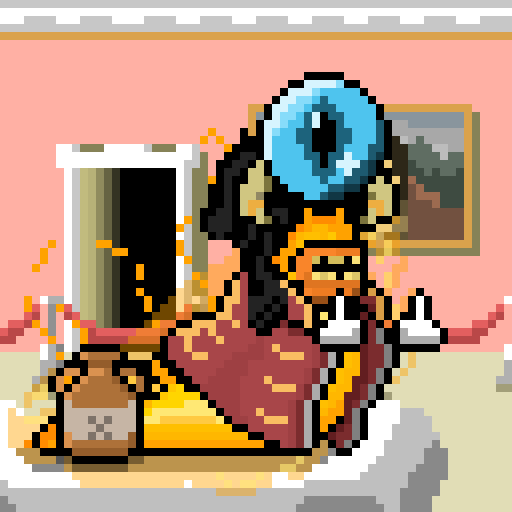 A pixel art illustration of a creature with a large blue eye, orange face, and yellow-spotted red body, lying on a couch in a pink-walled room.