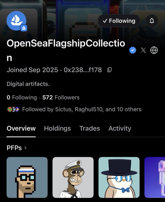 A profile page for OpenSeaFlagshipCollection on what appears to be a social/crypto platform, showing 572 followers, a verified badge, and PFPs including pixel art and cartoon characters.