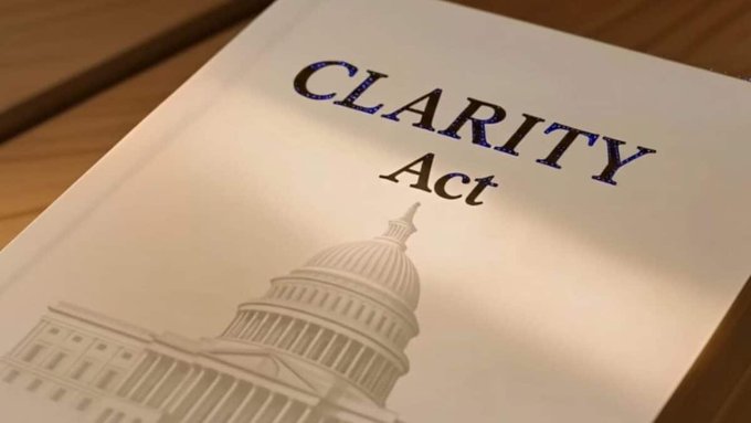 A close-up of a printed document titled "CLARITY Act" featuring an illustration of the U.S. Capitol building, resting on a wooden surface.