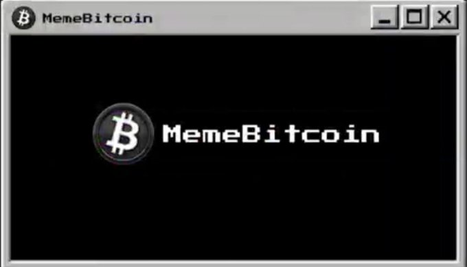 A black computer window with a retro gray title bar displays 'MemeBitcoin' in white pixelated text next to a circular Bitcoin 'B' logo.