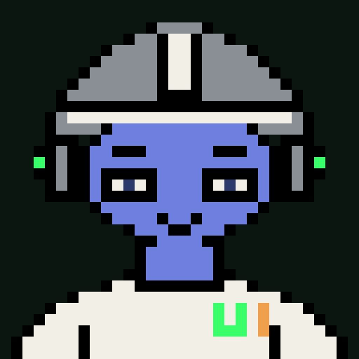 A pixel art character with blue skin wearing a gray and white helmet and a white uniform with a small green and orange emblem.