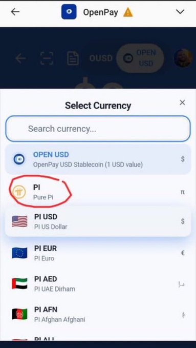 The image shows the OpenPay app's currency selection screen, with "Pure Pi (PI)" circled in red to highlight its availability among options like PI USD, PI EUR, PI AED, and PI AFN. This visually supports the post's claim about a notable development in the Pi ecosystem, as the appearance of Pi as a selectable payment currency on OpenPay signals growing potential for real-world Pi transactions.