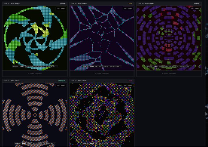 Five "D10 V2 ZONE SPANS" screenshots labeled "COMMON," "RARE," "JUNK," "UNCERTAIN," and "QUIP" display pixel-art visualizations of grid data, with the "QUIP" panel showing "FULL KILL" text. The image relates to the post by visually representing on-chain data zones that tie into the discussion of @quipnetwork's infrastructure and ABI upgrade capabilities for existing contracts.