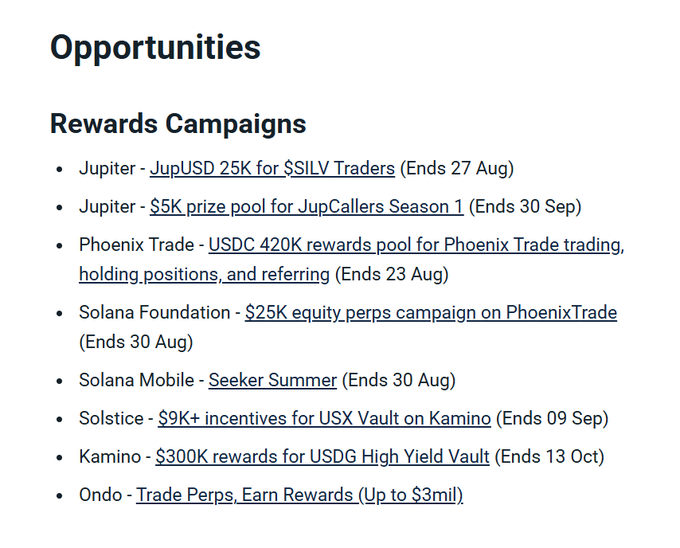 A list titled 'Opportunities' under 'Rewards Campaigns' featuring crypto projects like Jupiter, Phoenix Trade, Solana Foundation, Kamino, and Ondo with various reward pools and end dates.