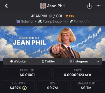 The image shows a mobile trading dashboard for the JEANPHIL token on Solana, displaying "Directed by Jean Phil" with a price of $0.01001, a market cap of $9.7M, and an all-time high of #16 (rank), alongside social links and a clockwork-style background. It visually supports the post's point about JEANPHIL's severe 90% drawdown after hitting a $16M ATH, framing the volatility as a necessary market cleanse for $FRANK.