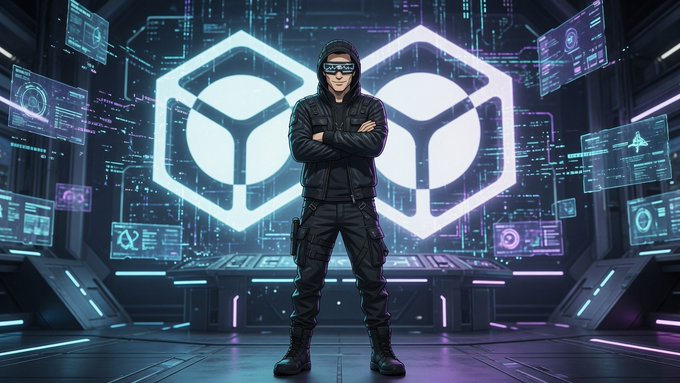 A figure in tactical gear and visor stands confidently in a high-tech control room flanked by glowing hex emblems, embodying the "real builder" archetype contrasted against the "bots and farmers" referenced in the caption. The stylized, command-center aesthetic reinforces the post's tone of skepticism toward noisy Web3 opportunists and quiet endorsement of substantive on-chain work.