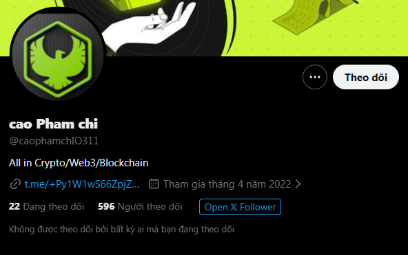 A Twitter/X profile for 'cạo Phạm chi' (@caophamchi0311), a Crypto/Web3/Blockchain account with 596 followers.
