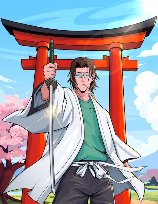 Anime-style artwork of a man in a white coat and green shirt holding a katana sword, standing before a large red torii gate with cherry blossoms nearby.