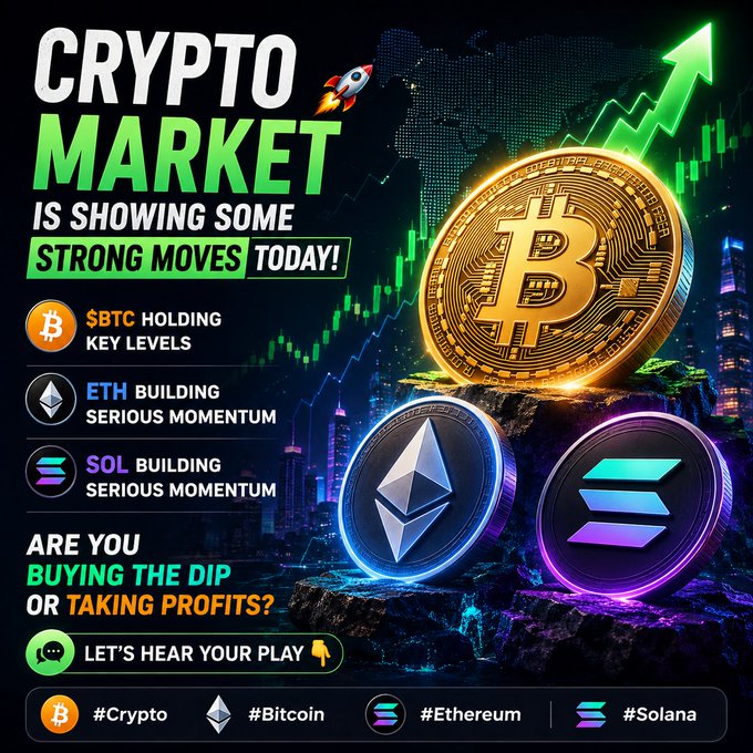 A vibrant crypto market promotional graphic titled 'CRYPTO MARKET IS SHOWING SOME STRONG MOVES TODAY!' featuring BTC, ETH, and SOL with their logos.