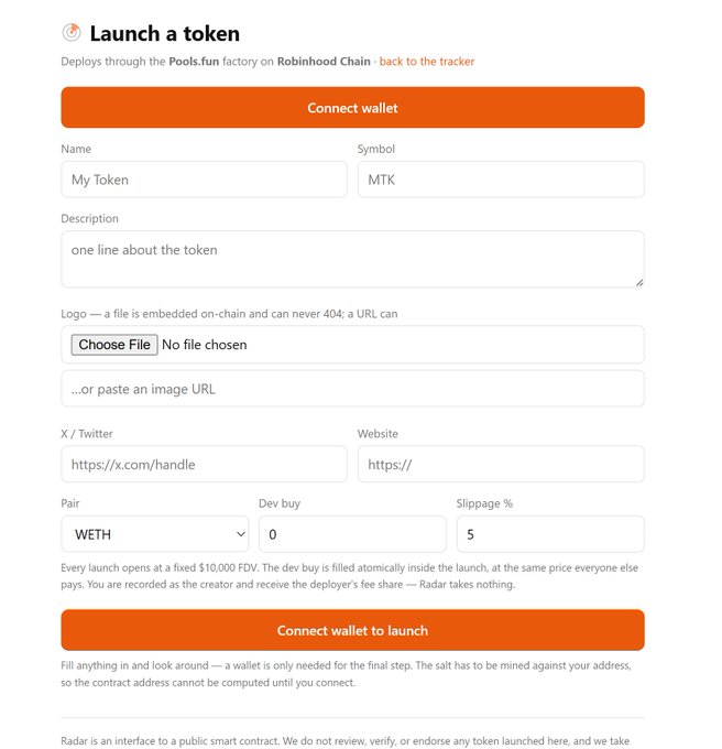 A token launch form titled "Launch a token" deploys through the Pools.fun factory on Robinhood Chain, featuring input fields for Name ("My Token"), Symbol ("MTK"), Description, Logo upload, X/Twitter, Website, Pair (WETH), Dev buy (0), and Slippage % (5), along with orange "Connect wallet" and "Connect wallet to launch" buttons. The interface relates to the post by showcasing the launching platform (Robinhood Chain/Pools.fun) being discussed as a potential new launchpad trend.