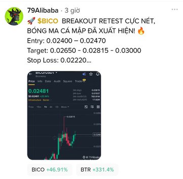 A social media post by '79Alibaba' discussing the BICO token breakout with entry and target prices, showing a chart and indicating a 46.91% gain and 331.4% backtest return.