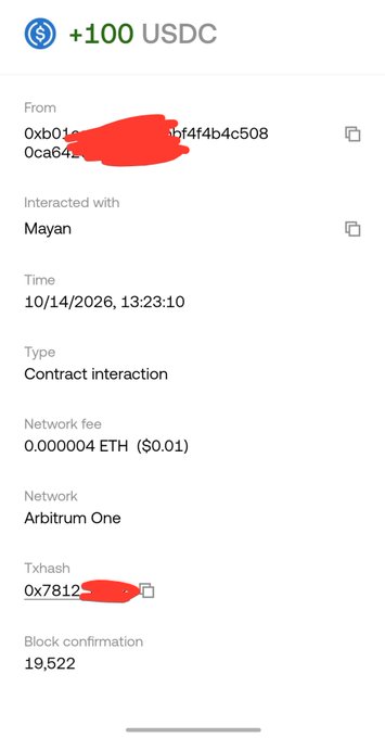 Mobile screenshot showing a blockchain transaction receipt for +100 USDC, interacted with 'Mayan' on the Arbitrum One network at 10/14/2026 13:23:10, with a network fee of 0.000004 ETH.
