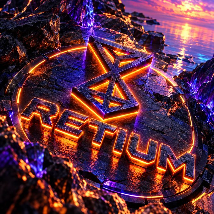 A glowing neon "Retium Chain" logo with a triangular emblem is embedded in dark rocks along a sunset-lit shoreline, symbolizing the project's testnet transition. The fiery branding against the rugged seaside backdrop visually reinforces the post's warning that old testnet balances won't carry over to the upgraded February-announced, September-launching chain.