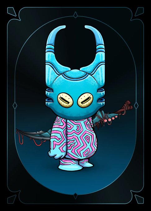 Cartoon character with a blue horned helmet, yellow eyes, and a pink maze-patterned outfit, holding a dark spiky weapon.