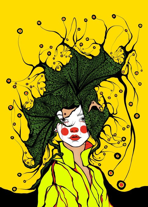 A vibrant illustration of a clown with white face paint, red circles on the cheeks and nose, wearing a large, leafy green headdress that resembles a Medusa-style hairpiece, set against a bright yellow background.