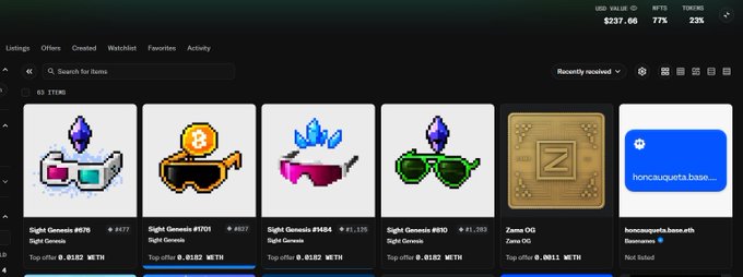 An NFT marketplace interface displaying pixel art items including 'Sight Genesis' and 'Zama OG', with an offer from 'horoscopus.base.eth' visible.