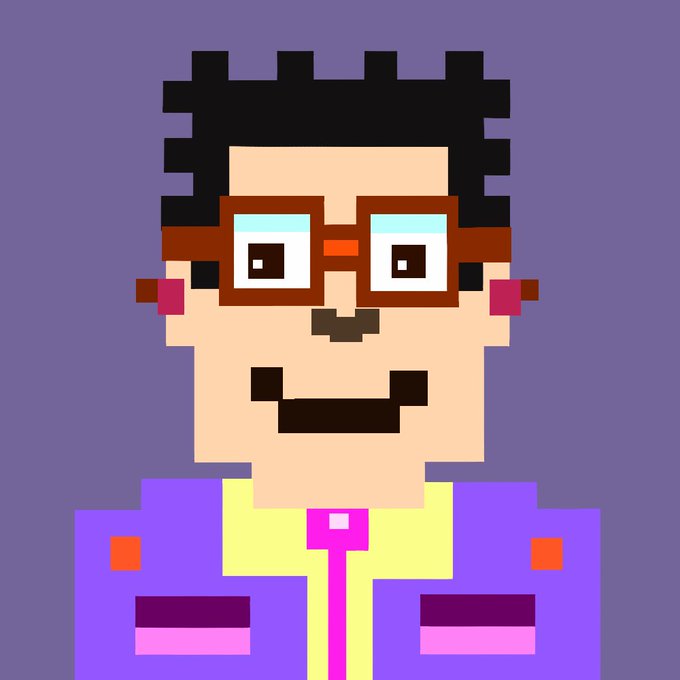 A pixel art portrait of a smiling man with dark skin, glasses, and short black hair, wearing a purple jacket with pink and yellow accents.