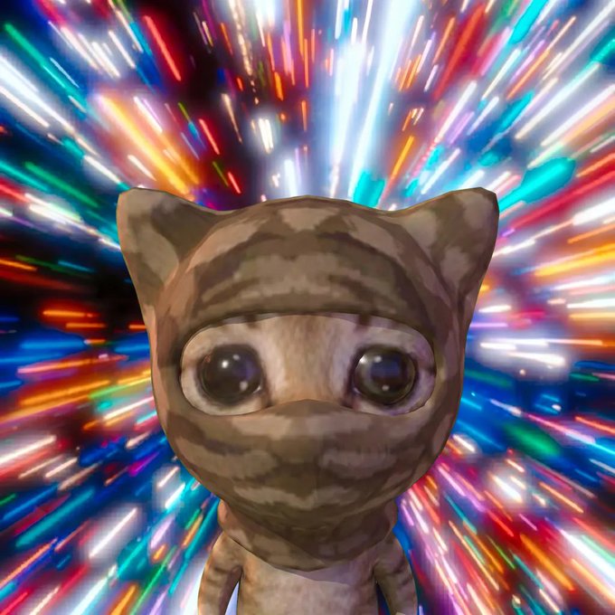 A 3D-rendered cat-like character wearing a brown mask against a vibrant, colorful background of streaking light rays.