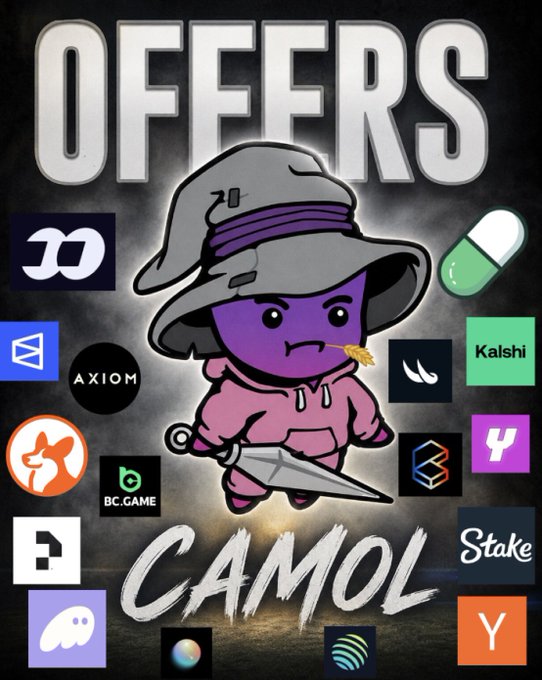 A graphic titled 'OFFERS' featuring a purple hooded character holding a sword, surrounded by logos of crypto/gambling platforms like Kalshi, Stake, BC.Game, and Axiom.