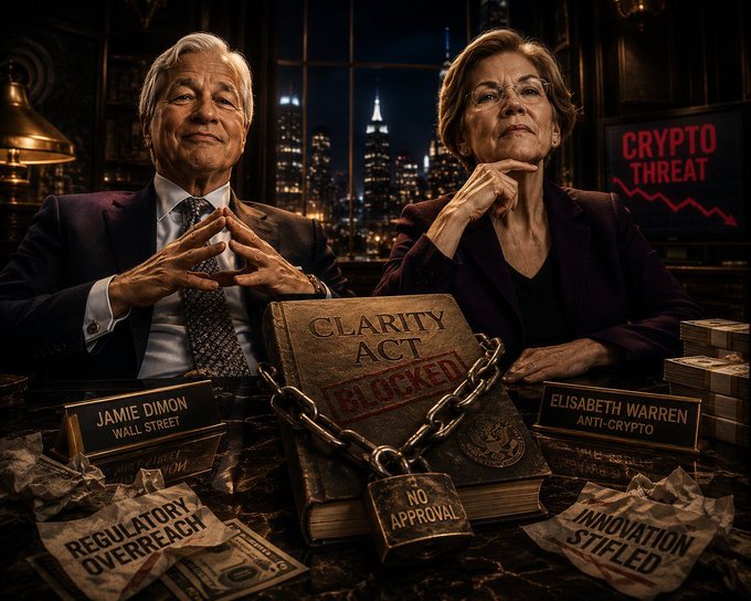 A dramatic political illustration showing Jamie Dimon (labeled 'WALL STREET') and Elisabeth Warren (labeled 'ANTI-CRYPTO') seated together, with a chained and padlocked 'CLARITY ACT' book stamped 'BLOCKED!' between them, surrounded by slogans like 'REGULATORY OVERREACH', 'NO APPROVAL', and 'INNOVATION STIFLED', plus a 'CRYPTO THREAT' stock chart in the background.
