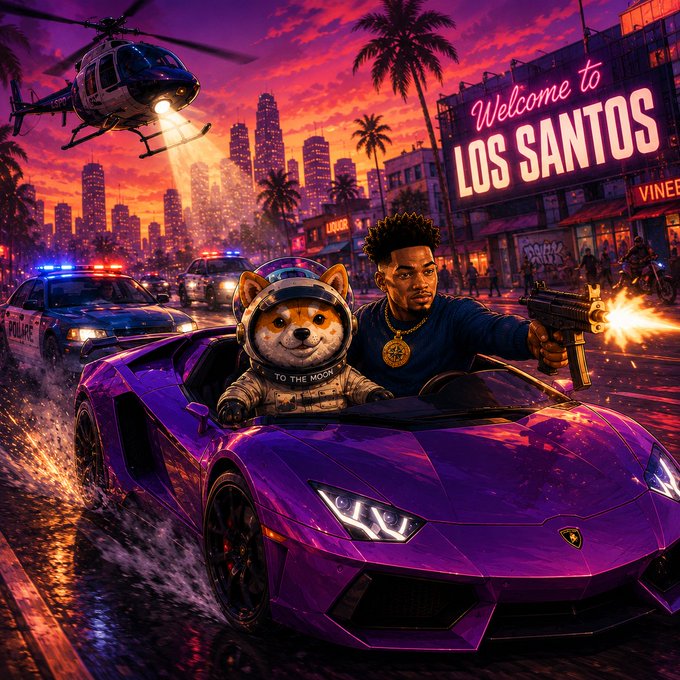The image depicts a vibrant, action-packed scene set in Los Santos, featuring a man firing a gun while speeding through the city in a purple Lamborghini with a doge-wearing Shiba Inu in the passenger seat, as a police car and helicopter give chase. The accompanying post cleverly ties this GTA-style chaos to crypto trading, framing the volatile market as a high-stakes getaway where traders must outrun FUD (Fear, Uncertainty, and Doubt) to chase massive gains—echoed by the "Welcome to LOS SANTOS" sign and "TO THE MOON" tagline on the dog's space suit.