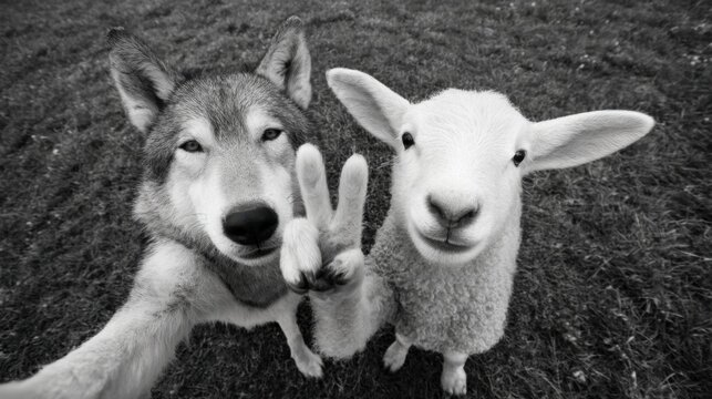 The image features a black and white photo of a sheep standing next to a wolf, both appearing to be posing for a picture together. The sheep has its arms crossed over its chest while the wolf has its paws raised in the air with its tongue out. The caption below the image reads "Me and the $ZEC gang post the breakout." This suggests that the photo might have been taken by someone named Zec, who is part of a group or gang known for their rebellious behavior.