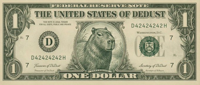 The image features a one-dollar bill from the United States, with an illustration of a brown bear on the front. The text "The United States of Dedust" can be seen at the bottom right corner of the bill.