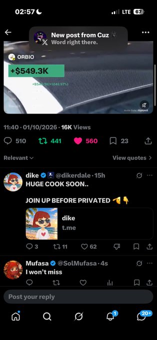 Screenshot of a Twitter/X post by user 'ORBIO' showing a +$549.3K gain on a stock position, with comments from users 'dike' (@dikerdale) promoting a t.me link and 'Mufasa' (@SolMufasa) replying 'I won't miss'.