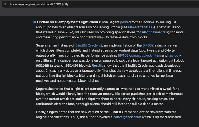 A Bitcoin Optech newsletter entry dated 2026/09/11 with an update on silent payments light clients, discussing Rob Segers' post about Delving Bitcoin and the BlindBit Oracle v2 implementation.