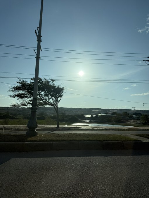 A sunny outdoor scene viewed from a street, featuring a tall utility pole, power lines crossing the bright sky with the sun shining, a tree, and a landscape with water and distant buildings in the background.