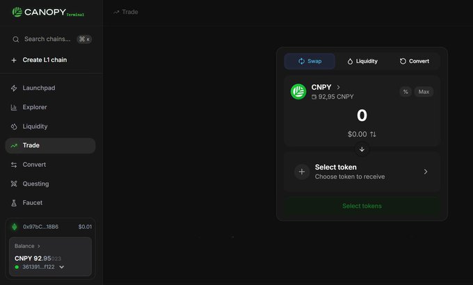 A screenshot of a cryptocurrency trading interface called 'CANOPY Terminal' with the Trade option selected, showing a CNPY token balance of 92.95.