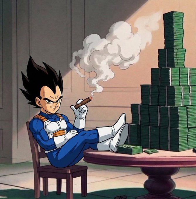 An anime-style illustration of Vegeta from Dragon Ball sitting casually in a chair with feet on a table, smoking a cigar next to massive stacks of green money.