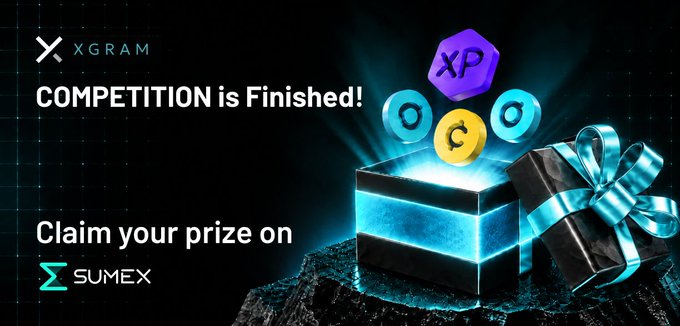 A promotional banner for XGRAM reading 'COMPETITION is Finished!' and 'Claim your prize on SUMEX,' featuring a glowing blue gift box, a black present with a teal ribbon, and floating XP and coin tokens.