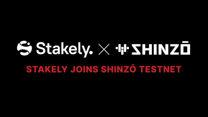 A black promotional banner with white text reading 'Stakely. X SHINZŌ' and red text stating 'STAKELY JOINS SHINZŌ TESTNET'.
