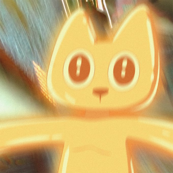 A close-up of a glowing, neon-orange cartoon cat face with large round eyes, appearing with a retro or VHS-style filter.