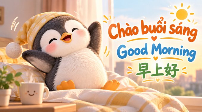 A cute cartoon illustration of a penguin wearing a yellow nightcap, sitting in bed and stretching, with a smiling mug beside it and text reading 'Chào buổi sáng', 'Good Morning', and Chinese characters '早上好'.