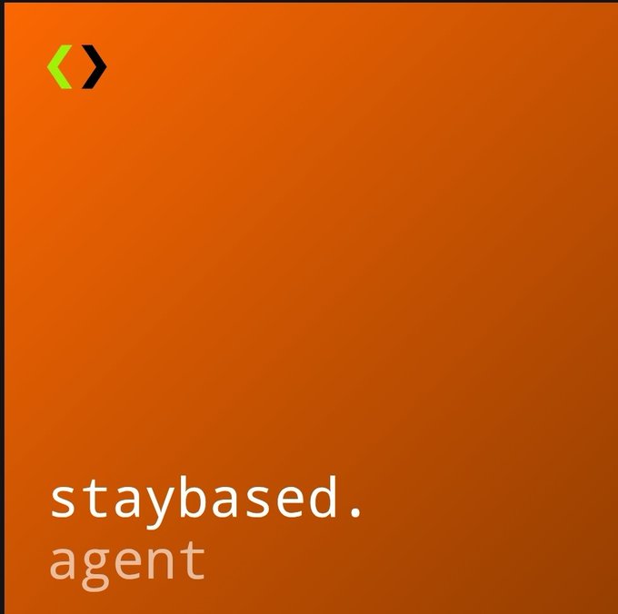 An orange gradient graphic displays green and dark blue code brackets "< >" at the top left and the text "staybased. agent" in white at the bottom.
