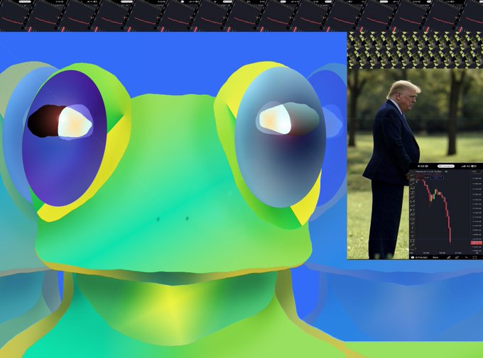 A green frog appears to be staring at a man dressed in a suit, with Donald Trump's face visible on his suit. The background features different types of graphs and other images that are part of the overall layout of a social media platform or webpage.