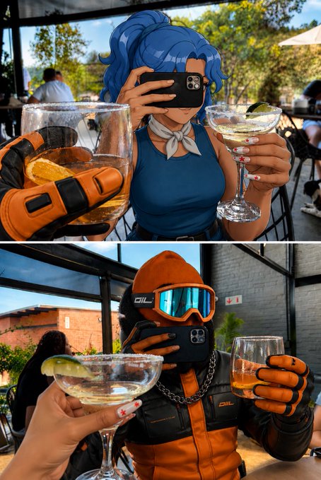 Two vertically stacked images of people in cosplay or tactical outfits holding drinks: the top shows a person in a blue outfit taking a mirror selfie, and the bottom shows a person in orange and black gear holding a margarita and a glass.